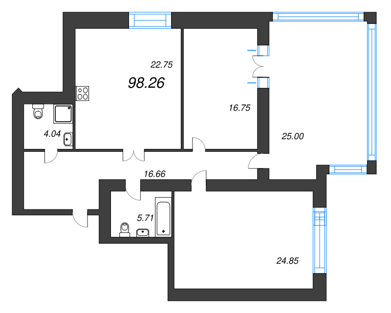 3-комнатная (Евро) квартира, 98.7 м² - планировка, фото №1