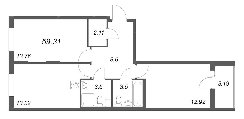 2-комнатная квартира, 59.31 м² в ЖК "Кинопарк" - планировка, фото №1