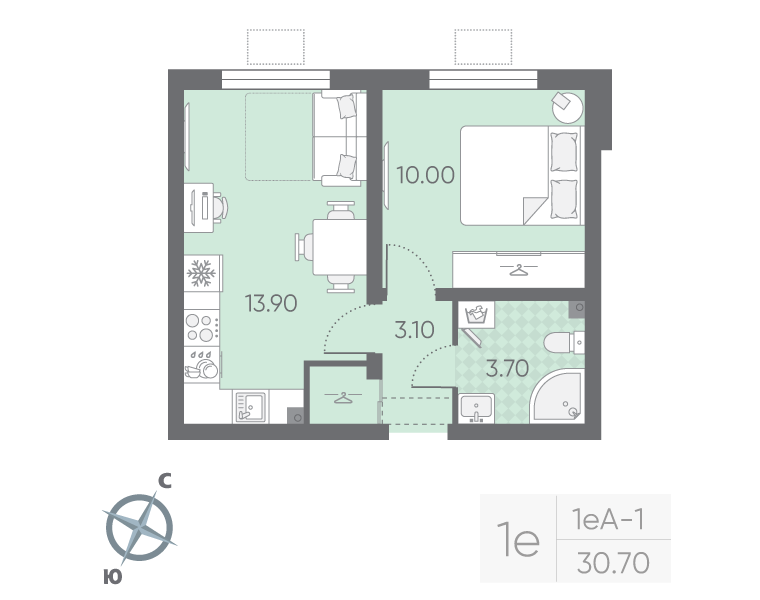 1-комнатная квартира, 30.7 м² в ЖК "Ручьи" - планировка, фото №1