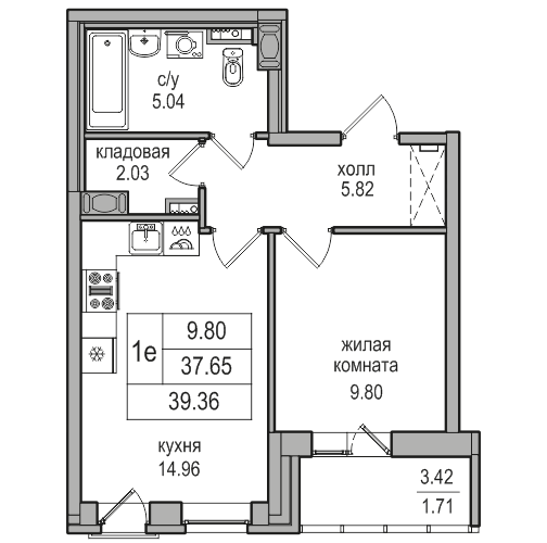 2-комнатная (Евро) квартира, 39 м² в ЖК "Северная Долина" - планировка, фото №1