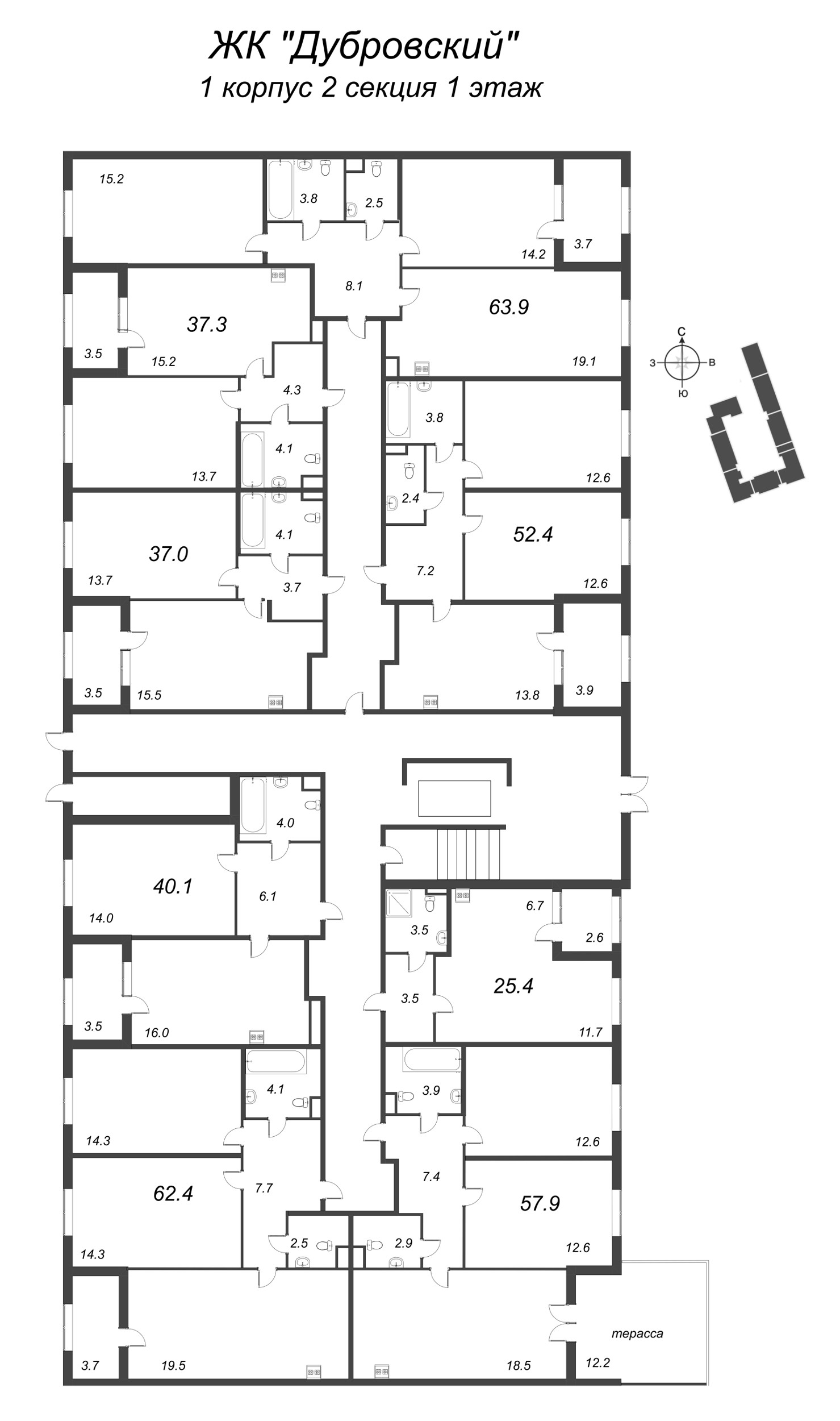 2-комнатная (Евро) квартира, 37 м² - планировка этажа