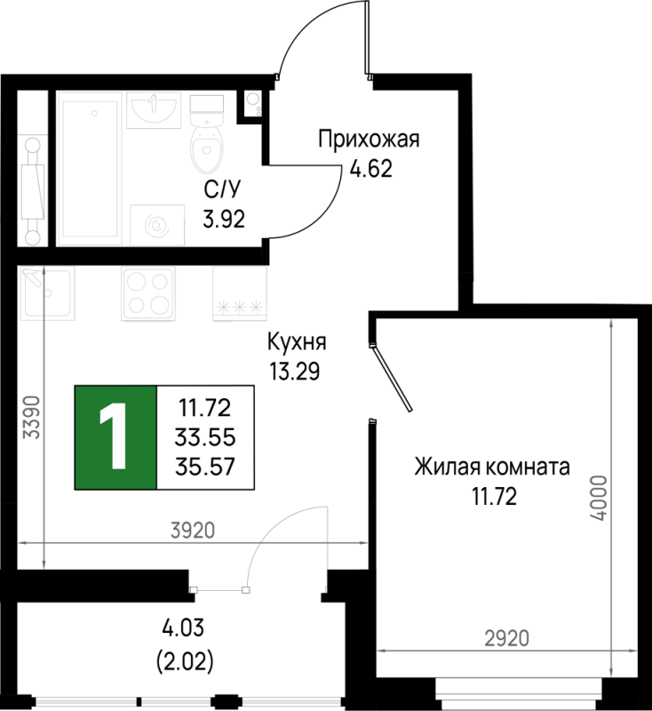 1-комнатная квартира, 35.57 м² в ЖК "Имена" - планировка, фото №1