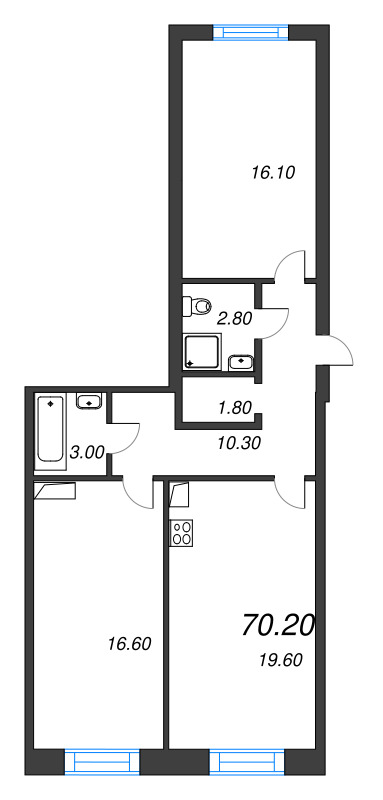 3-комнатная (Евро) квартира, 70.5 м² - планировка, фото №1