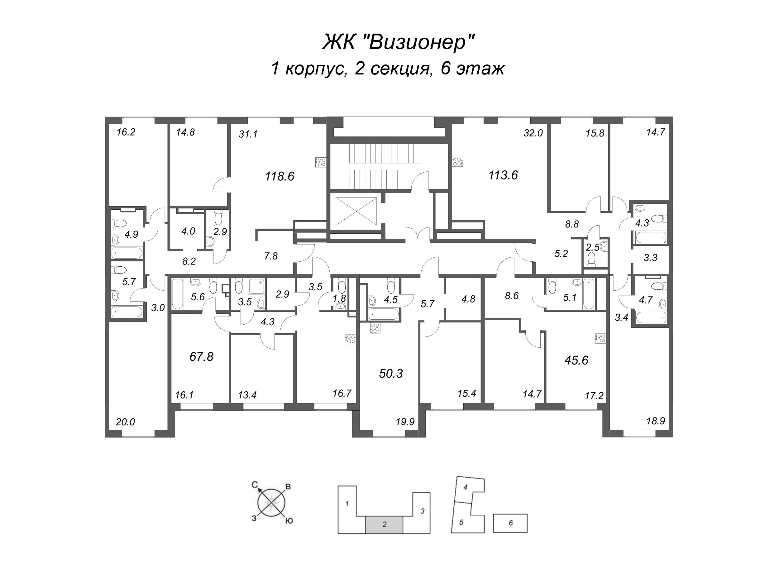2-комнатная (Евро) квартира, 45.6 м² в ЖК "Визионер" - планировка этажа