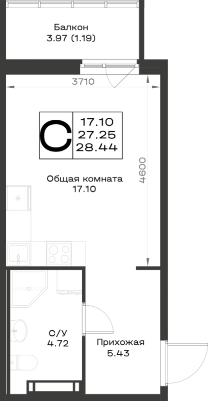 Квартира-студия, 28.44 м² - планировка, фото №1