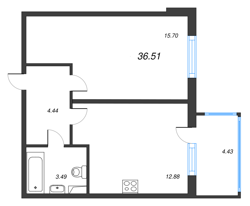 1-комнатная квартира, 36.51 м² в ЖК "Новое Сертолово" - планировка, фото №1
