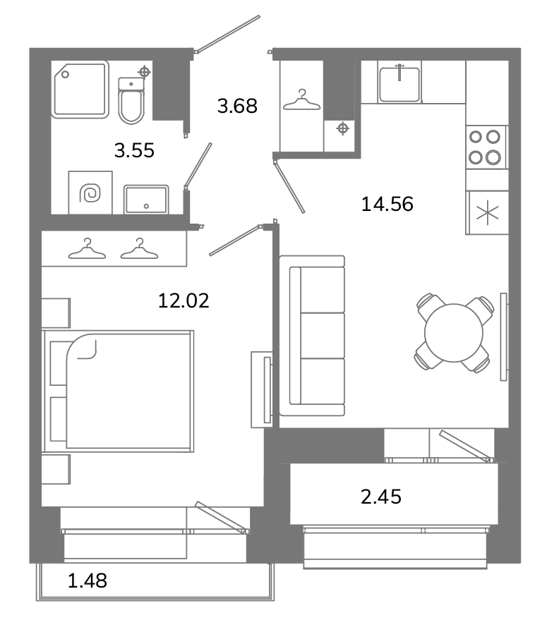 1-комнатная квартира, 35.47 м² в ЖК "Твой космос" - планировка, фото №1