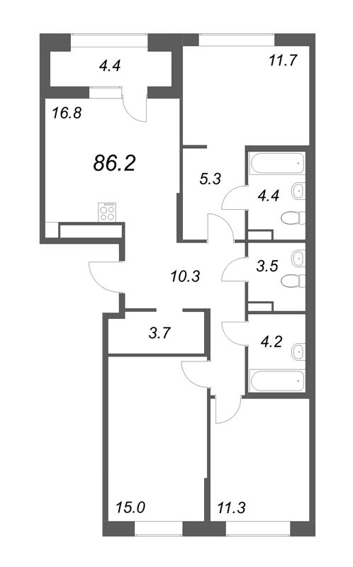 3-комнатная квартира, 86.2 м² - планировка, фото №1