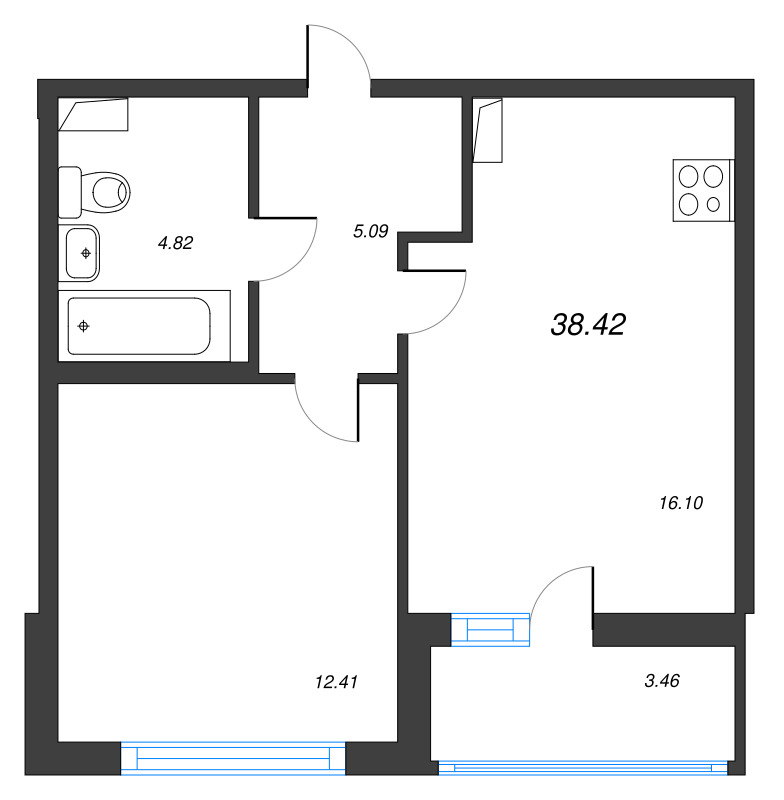 1-комнатная квартира, 38.42 м² в ЖК "Ясно.Янино" - планировка, фото №1