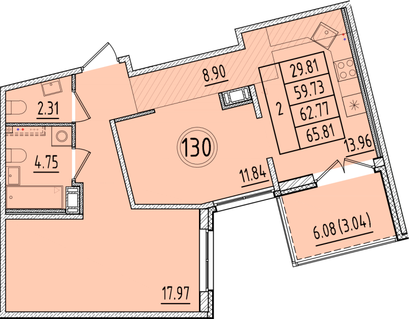 2-комнатная квартира, 59.73 м² в ЖК "Образцовый квартал 17" - планировка, фото №1