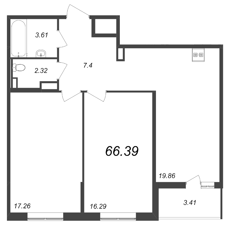3-комнатная (Евро) квартира, 66.39 м² - планировка, фото №1