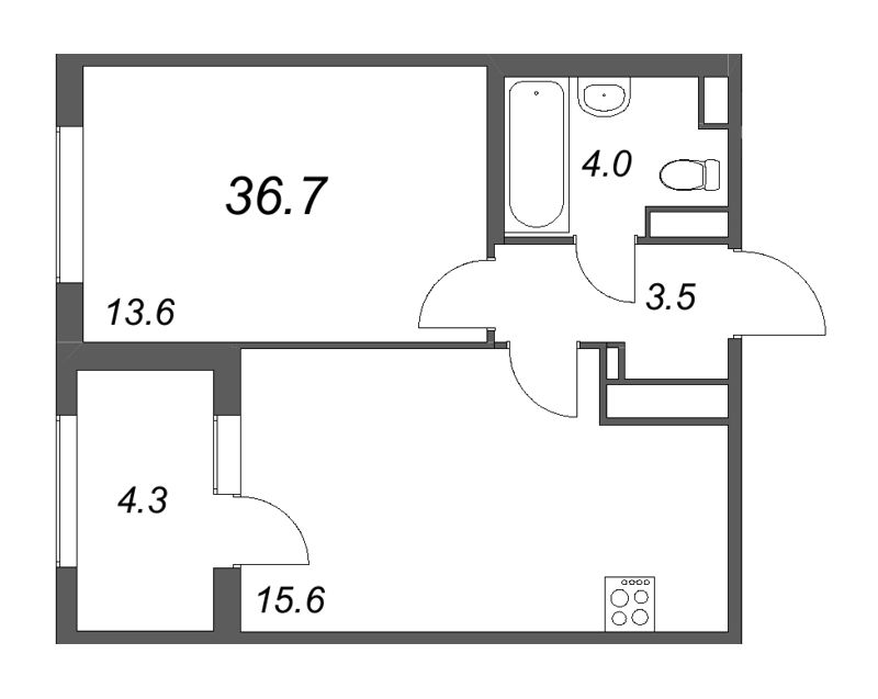 2-комнатная (Евро) квартира, 36.7 м² - планировка, фото №1