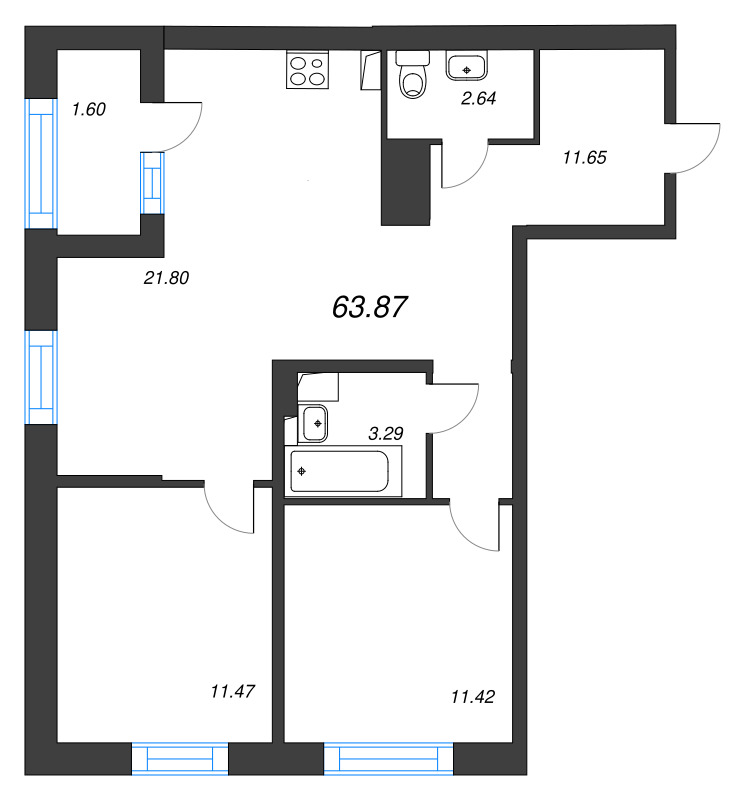 3-комнатная (Евро) квартира, 63.87 м² в ЖК "ORO by Akvilon" - планировка, фото №1