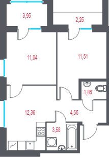 2-комнатная квартира, 46.87 м² в ЖК "Город-спутник Южный" - планировка, фото №1