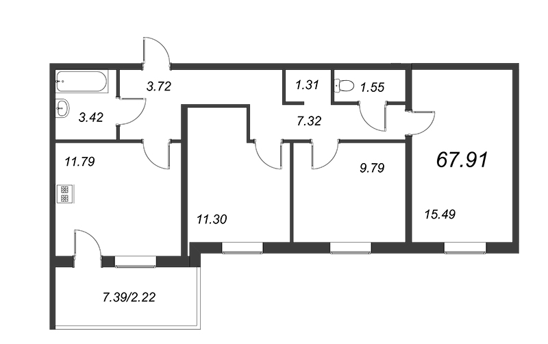 3-комнатная квартира, 65.69 м² в ЖК "Юттери" - планировка, фото №1