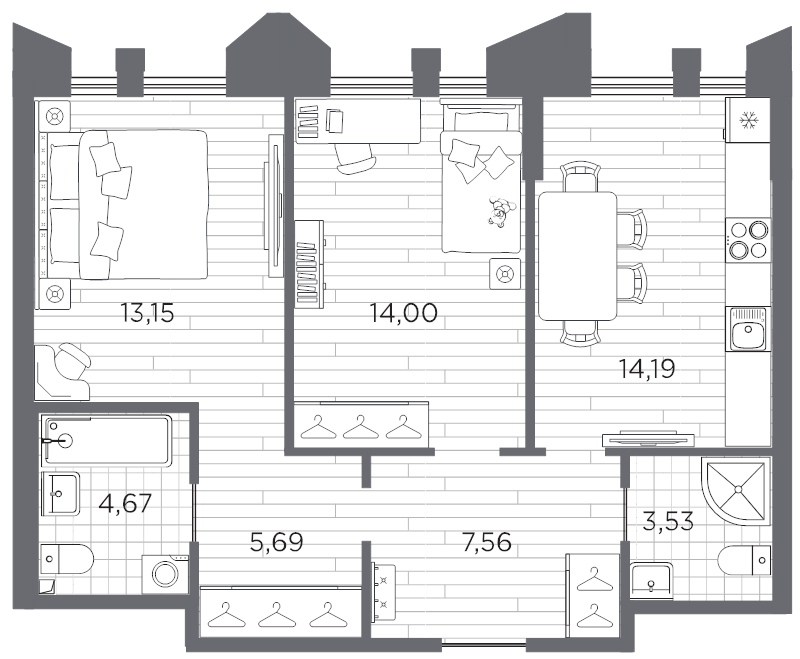 2-комнатная квартира, 62.79 м² в ЖК "Галерная гавань" - планировка, фото №1