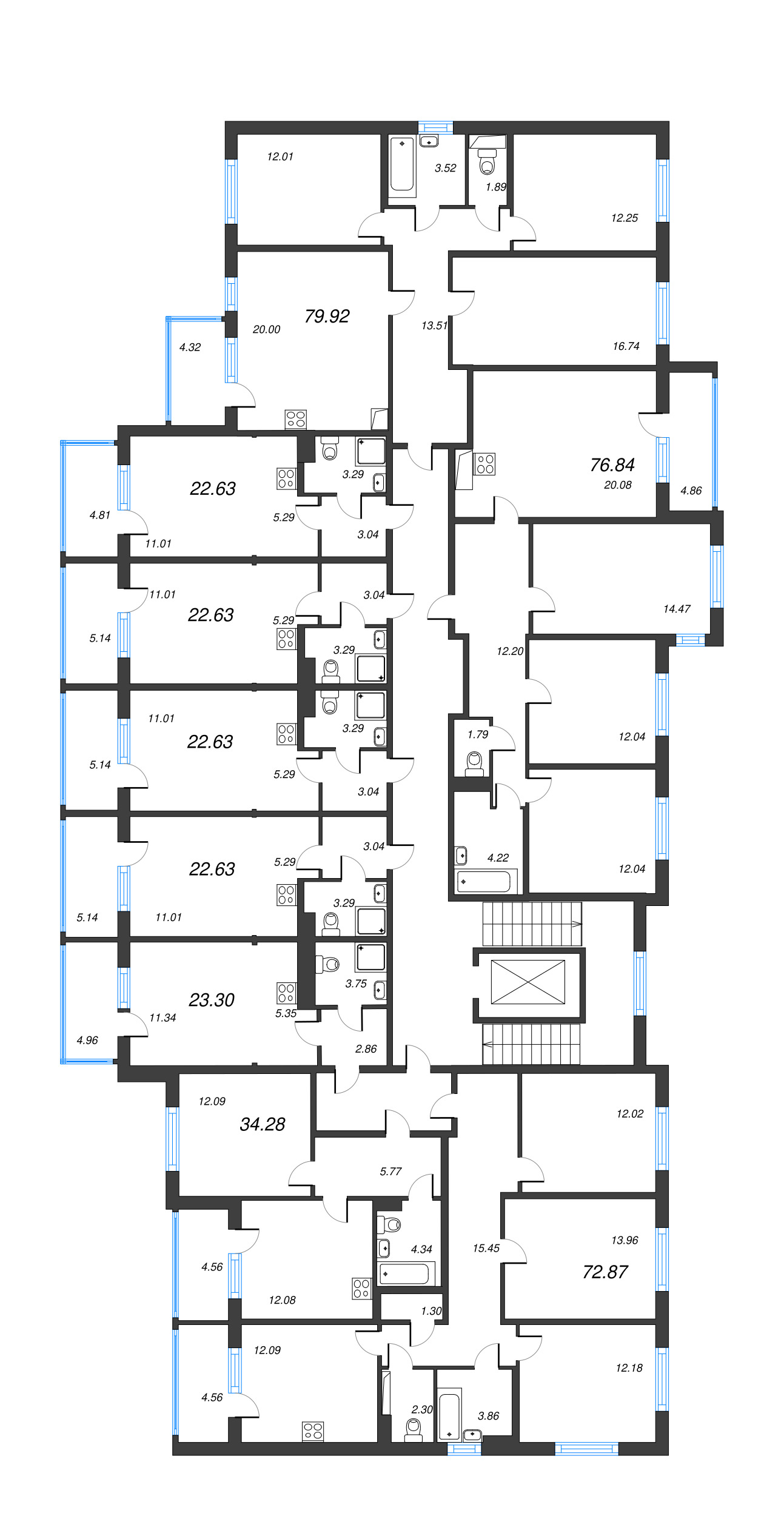 3-комнатная квартира, 72.87 м² - планировка этажа