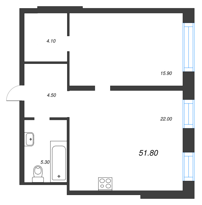 2-комнатная (Евро) квартира, 51.8 м² в ЖК "ЛДМ" - планировка, фото №1