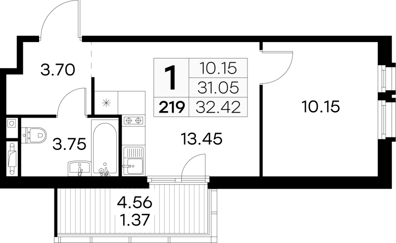 1-комнатная квартира, 32.42 м² в ЖК "GloraX Парголово" - планировка, фото №1