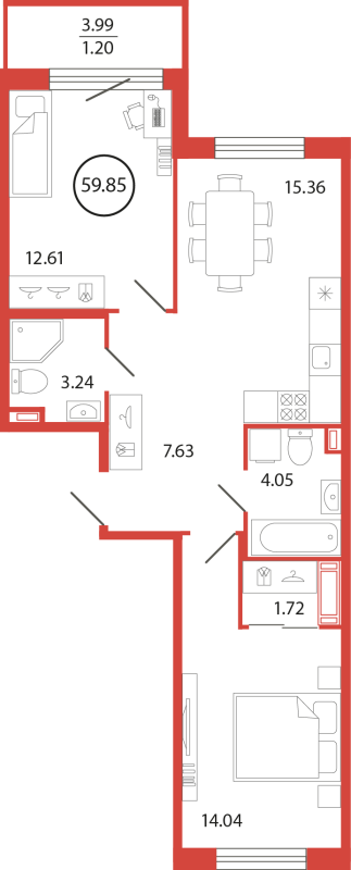 3-комнатная (Евро) квартира, 59.85 м² в ЖК "Энфилд" - планировка, фото №1