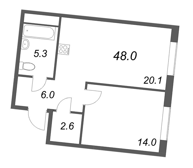 2-комнатная (Евро) квартира, 48 м² в ЖК "Визионер" - планировка, фото №1
