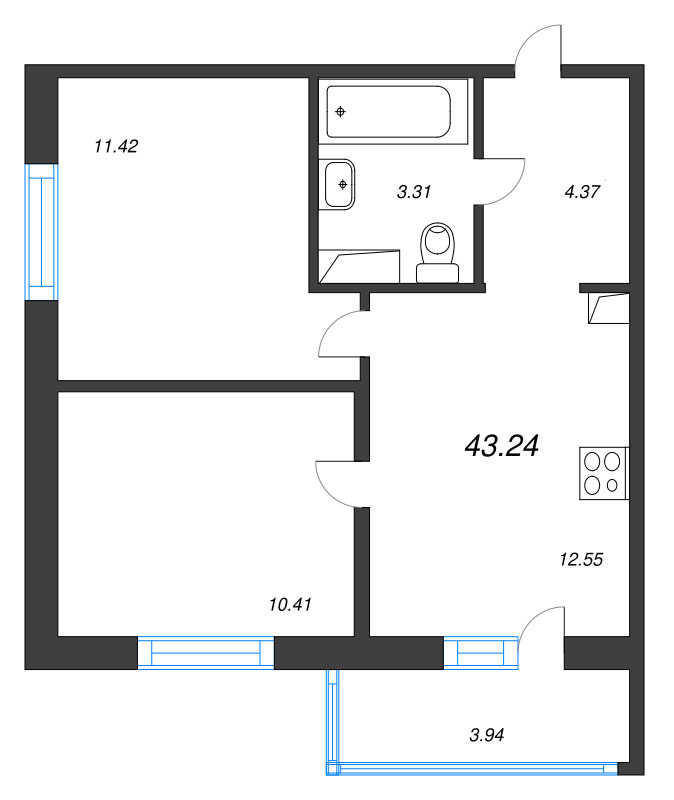2-комнатная квартира, 43.24 м² в ЖК "Окла" - планировка, фото №1