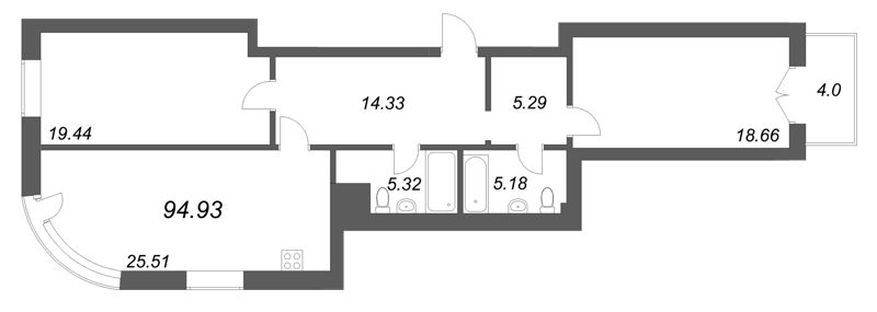 3-комнатная (Евро) квартира, 94.93 м² в ЖК "Фонтанка 130" - планировка, фото №1