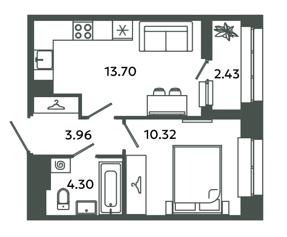 1-комнатная квартира, 33.5 м² - планировка, фото №1