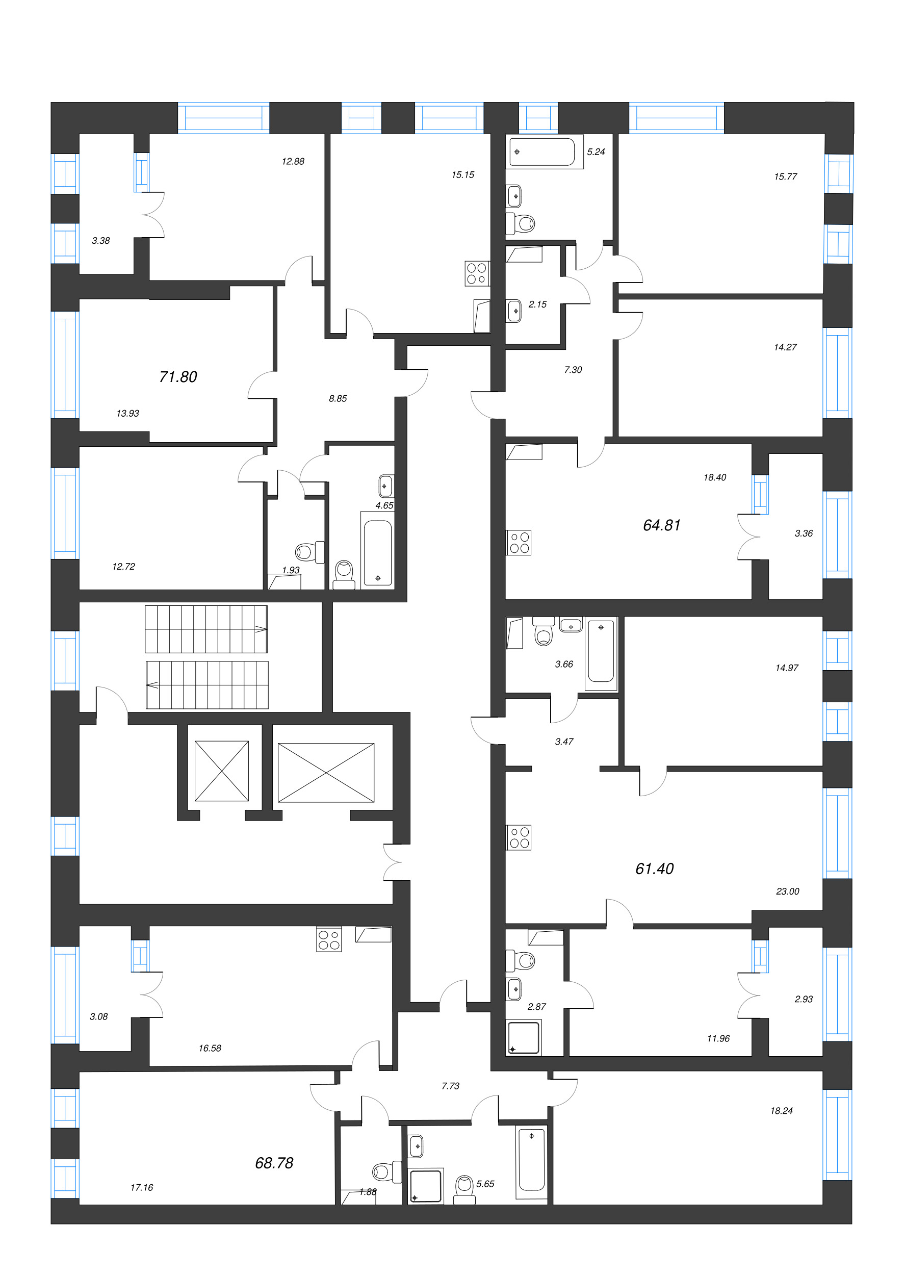 2-комнатная квартира, 64.81 м² - планировка этажа