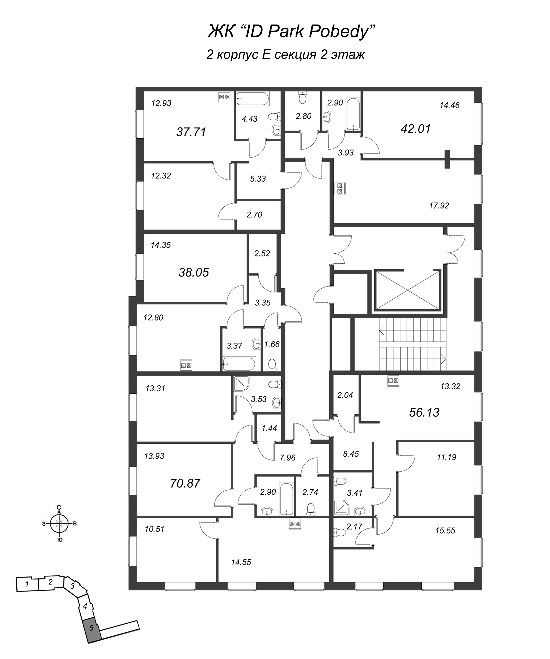 2-комнатная квартира, 56.13 м² в ЖК "ID Park Pobedy" - планировка этажа