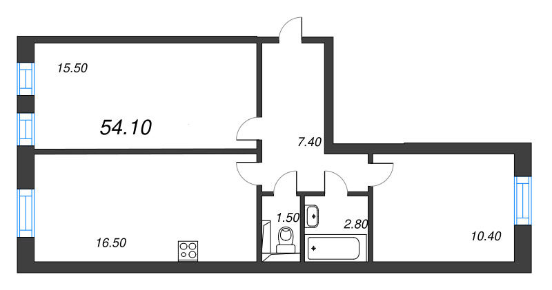3-комнатная (Евро) квартира, 54.1 м² в ЖК "Эко Квартал Нега" - планировка, фото №1