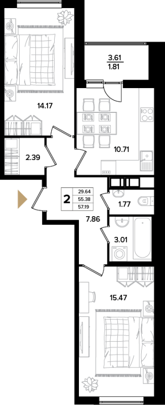 2-комнатная квартира, 56.5 м² в ЖК "Панорама Невы" - планировка, фото №1