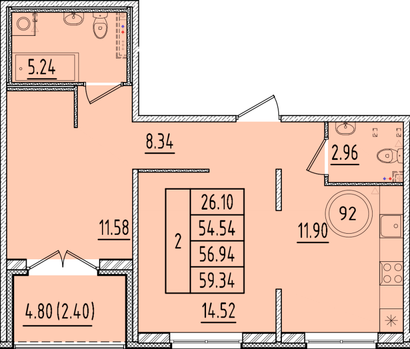 2-комнатная квартира, 54.54 м² - планировка, фото №1
