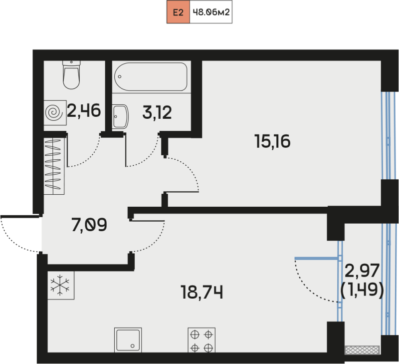 2-комнатная (Евро) квартира, 48.05 м² - планировка, фото №1