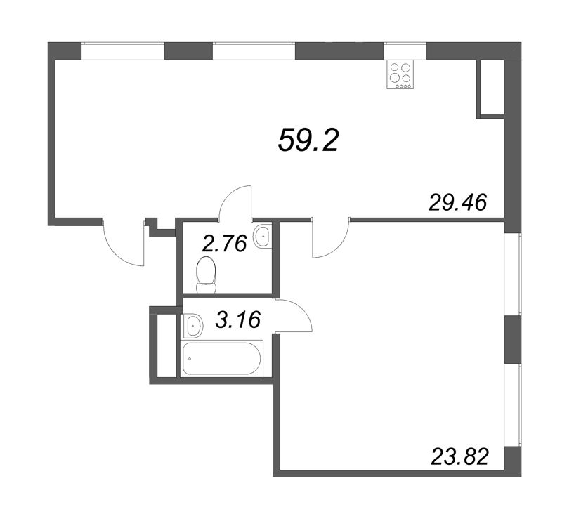 2-комнатная (Евро) квартира, 59.2 м² - планировка, фото №1