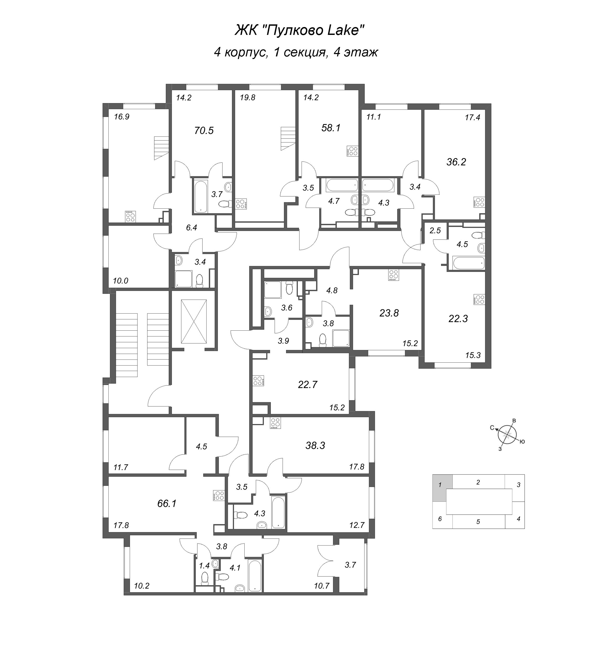 4-комнатная (Евро) квартира, 66.1 м² в ЖК "Пулково Lake" - планировка этажа