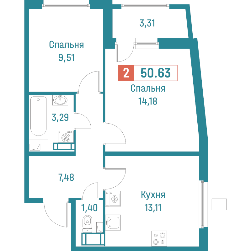 2-комнатная квартира, 50.63 м² в ЖК "Графика" - планировка, фото №1
