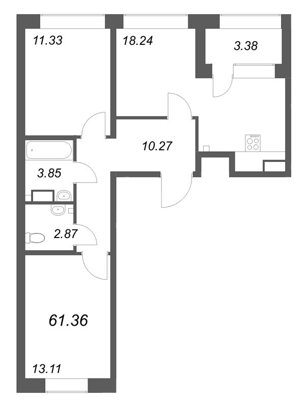 3-комнатная (Евро) квартира, 61.36 м² в ЖК "Аквилон Солар Парк" - планировка, фото №1