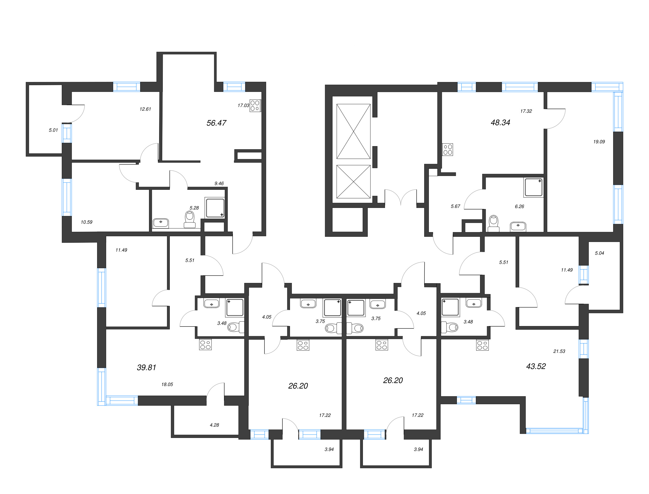 3-комнатная (Евро) квартира, 56.3 м² в ЖК "Рощино Residence" - планировка этажа