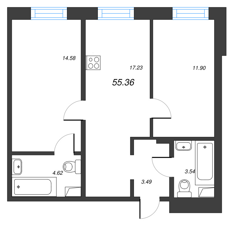 3-комнатная (Евро) квартира, 55.36 м² в ЖК "Тишин" - планировка, фото №1