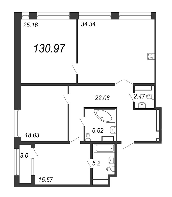 4-комнатная (Евро) квартира, 130.97 м² - планировка, фото №1