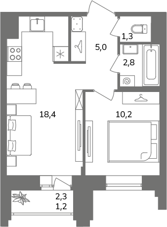 2-комнатная (Евро) квартира, 38.9 м² в ЖК "Антверпен" - планировка, фото №1