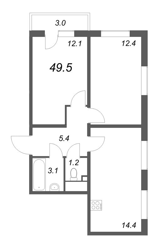 2-комнатная квартира, 49.5 м² в ЖК "ЛСР. Ржевский парк" - планировка, фото №1