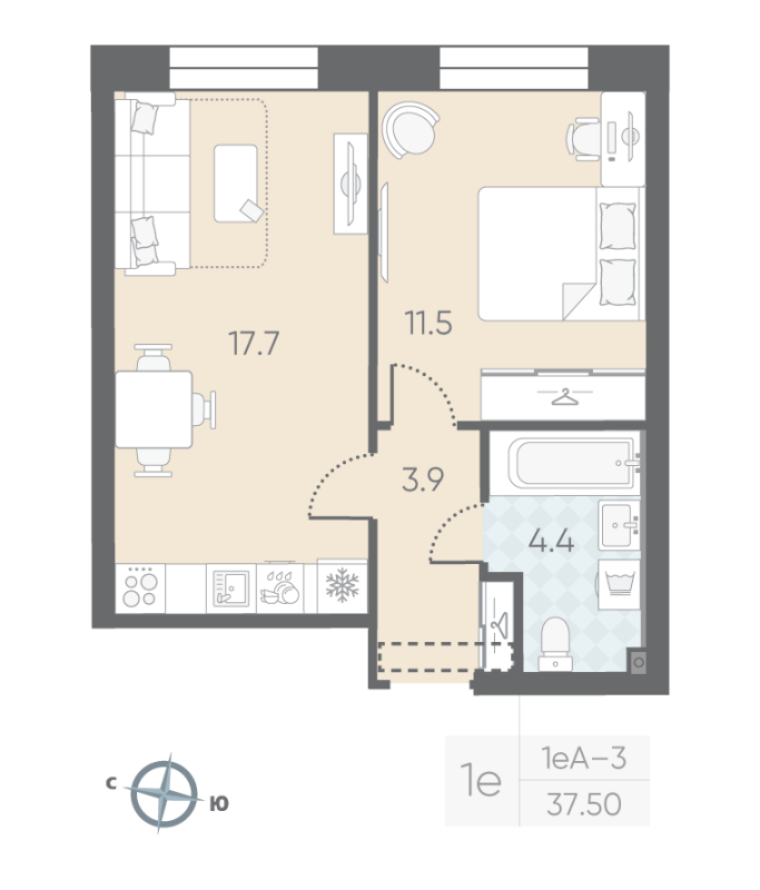 1-комнатная квартира, 37.5 м² в ЖК "Большая Охта" - планировка, фото №1