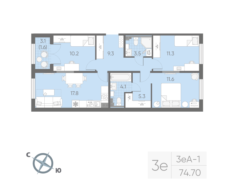 4-комнатная (Евро) квартира, 74.7 м² в ЖК "Пулково Lake" - планировка, фото №1