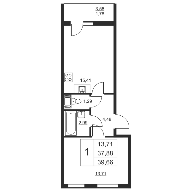 2-комнатная (Евро) квартира, 39.66 м² - планировка, фото №1