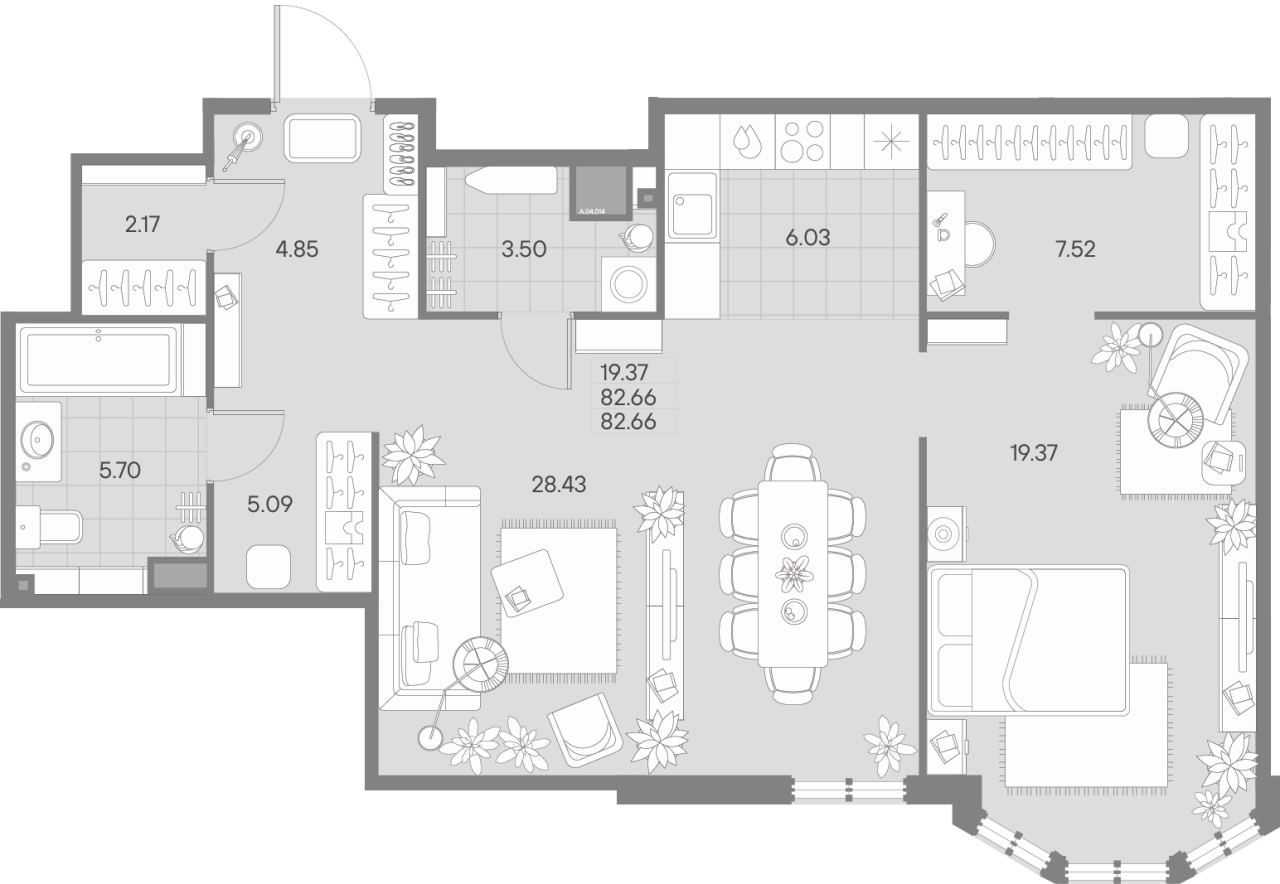 3-комнатная (Евро) квартира, 82.66 м² - планировка, фото №1