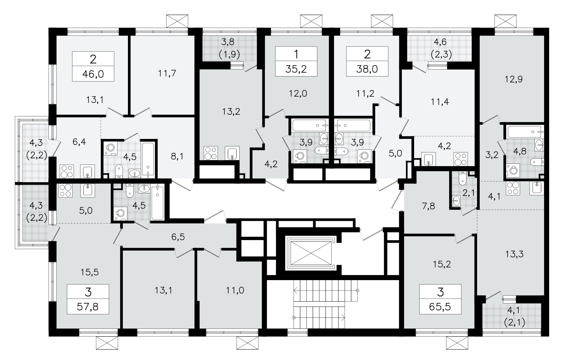 3-комнатная (Евро) квартира, 65.1 м² - планировка этажа