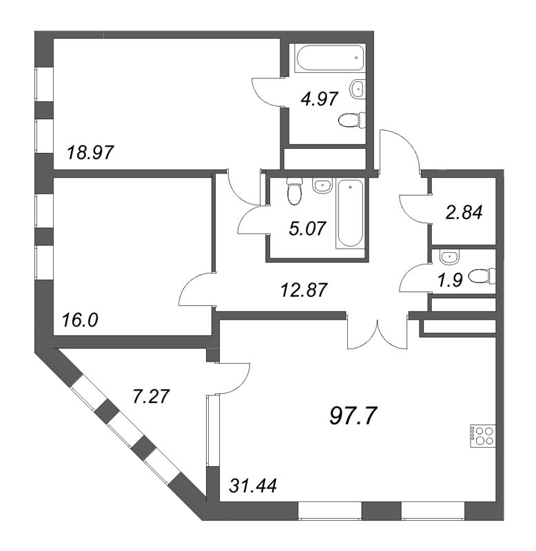 2-комнатная квартира, 97.7 м² - планировка, фото №1