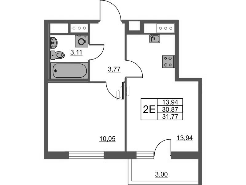 2-комнатная (Евро) квартира, 31.77 м² - планировка, фото №1